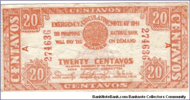 S-303 Iloilo Emergency Circulating 20 centavos note. Banknote