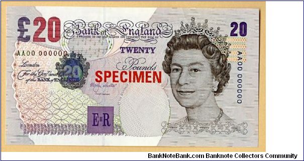 20 Pounds specimen - rarely seen in specimen format . Visit www.doudarbanknotes.com for more Banknote