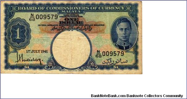 One Dollar. Potrait of King George VI. Banknote