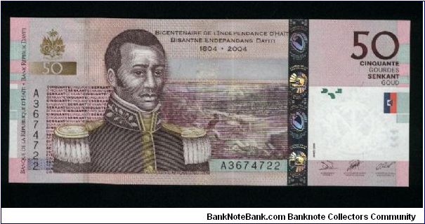 50 Gourdes.

Commemorative Issue (200th Anniversary of the Independence).

Francois Cappoix on face; Fort Jalousière at Marmelade on back.

Pick-NEW Banknote