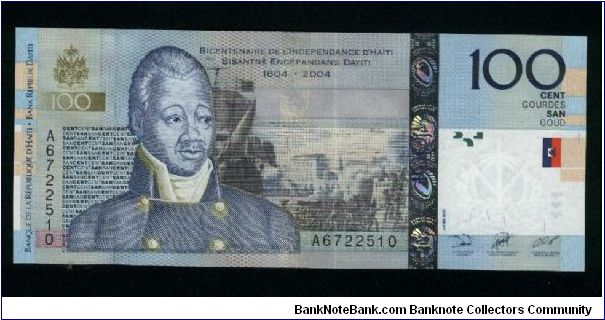 100 Gourdes.

Commemorative Issue (200th Anniversary of the Independence).

Henry Christophe on face; Citadelle Henry at Milot on back.

Pick-NEW Banknote