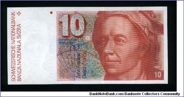 10 Franken.
Format: 66x137 mm 

Leonard Euler (mathematician; 1707-1783) at right on face; water turbine, light rays through lenses and Solar System in vertical format on back.

Pick #53d Banknote