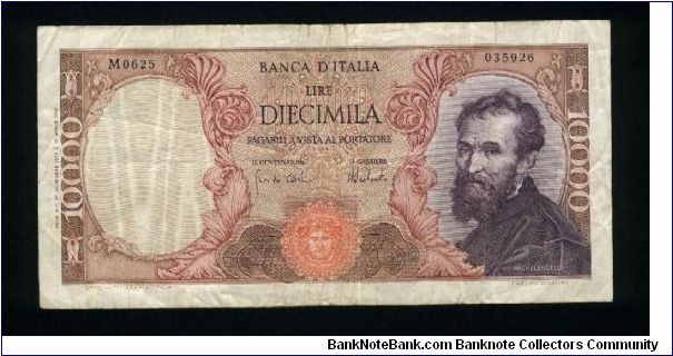 10,000 Lire.

Michaelangelo at right on face; Piazza del Campidoglio in Rome on back.

Pick #97e Banknote