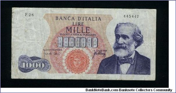 1,000 Lire.

Giuseppe Verdi at right on face; face value at center on back.

Pick #96c Banknote