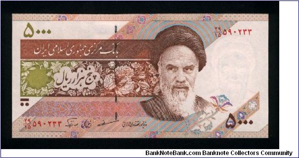 5,000 Rials.

Khomeini at right on face; flowers and birds at center right on back.

Pick #145 (new sign.) Banknote