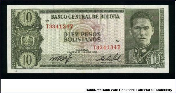 10 Pesos Bolivianos.

Portrait Colonel German Busch Becerra at right on face; mountain of Potosì on back.

Pick #154a Banknote