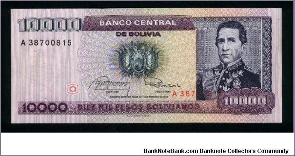 1 Centavo on 10,000 Pesos Bolivianos.

Portrait of Marshal Andres de Santa Cruz at right, arms at center on face; Legislative palace at center on back.

Pick #195 Banknote