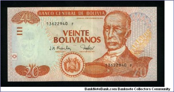 20 Bolivianos.

Pantaleon Dalence at right, arms at lower center on face; Casa Dorada Tarija at center on back.

Pick #224 Banknote