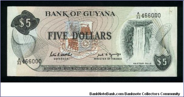 5 Dollars.

Arms at center, Kaieteur Falls at right on face; cane sugar harvesting at left, conveyor at right on back.

Pick #22e Banknote