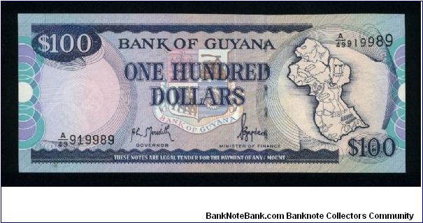 100 Dollars.

Map of Guyana at right, bank arms at center on face; public buildings in Georgetown on back.

Pick #31 Banknote