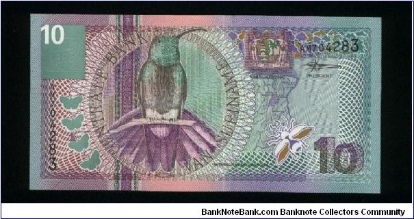 10 Gulden.

Black-throated Mango at left center on face; Guzmania Lingulata flower on back.

Pick #147 Banknote