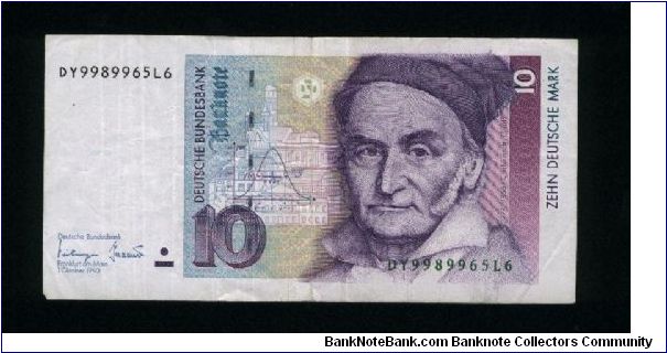 10 Deutsche Mark.

Carl Friedrich Gauss (1777-1855) at center right on face; sexstant at left center, mapping at lower right in watermark area on back.

Pick #38c Banknote