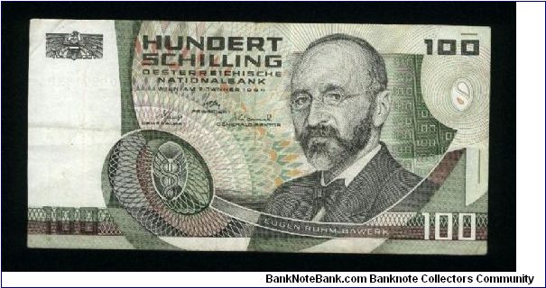 100 Schilling.

Eugen Bohm v. Bawerk at right on face; Wissenschaften Academy in Vienna at left center on back.

Pick #150 Banknote