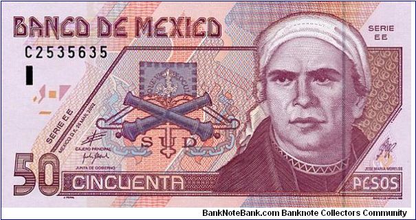 Lilac Red and Violet.  José María Morelos and his flag and emblems / Fisherman and butterflies.  With Blue Iredescent band at the left of the centre of the front side Banknote