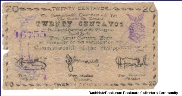 SMR-103 Rare Free Samar 20 Centavos note. Banknote