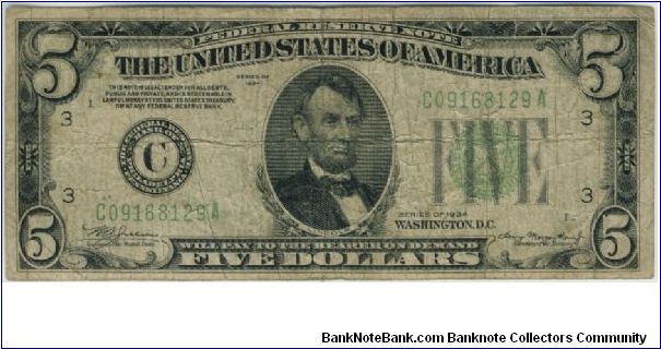 USA Philadelphia 1934 $5 Banknote