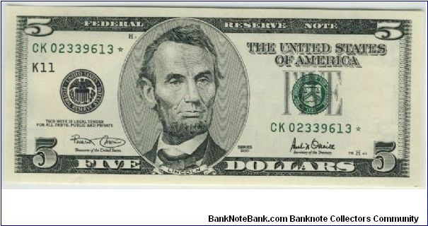USA Dallas 2001 $5 *Star Note*
CK 02339613* - ...615* Banknote