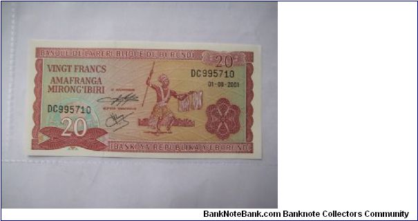 Burundi 20 Francs banknote. Uncirculated condition. Banknote