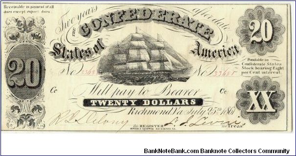 Type 9 Confederate $20 note. Banknote
