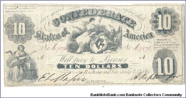 Type 10 Confederate $10 note. Banknote