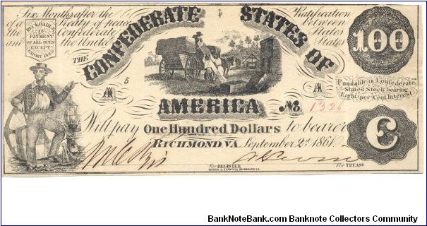 Type 13 Confederate $100 note. Banknote