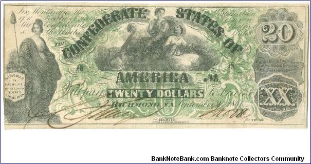 Type 17 Confederate $20 note. Banknote