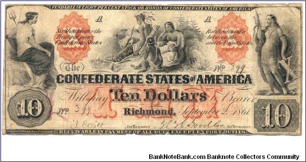 Type 22 Confederate $10 note. Banknote