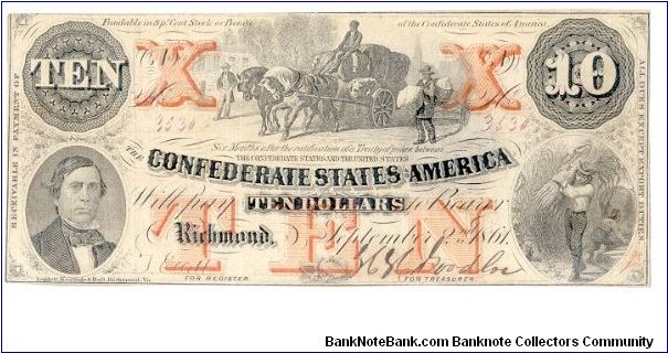 Type 23 Confederate $10 note. Banknote