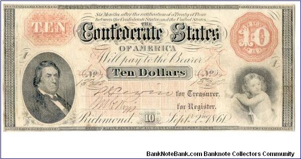 Type 24 Confederate $10 note. Banknote