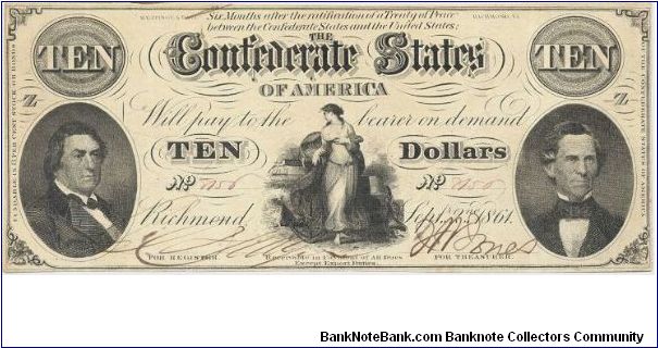 Type 25 Confederate $10 note. Banknote