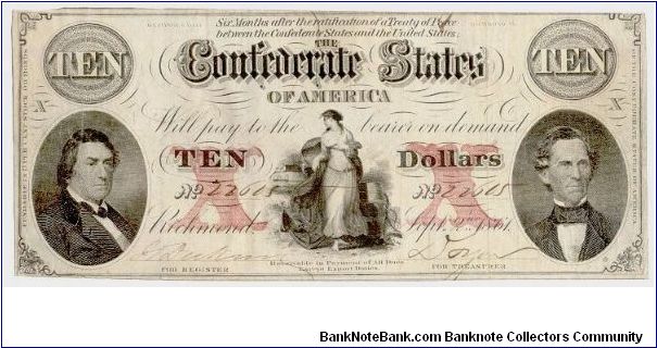 Type 26 Confederate $10 note. (Fine Lace X overprint.) Banknote