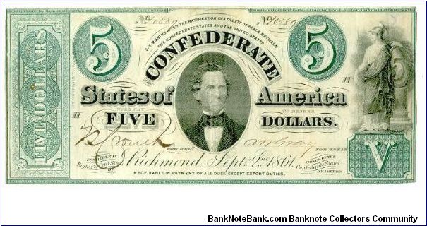 Type 33 Confederate $5 note. Banknote