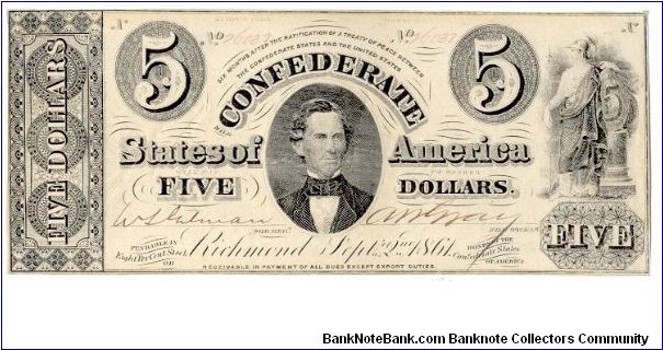 Type 34 Confederate $5 note. Banknote
