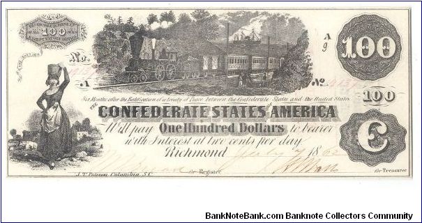 Type 39 Confederate $100 Interest Bearing note. Banknote