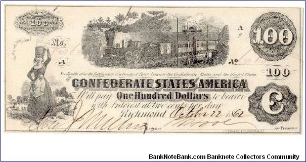 Type 40 Confederate $100 Interest Bearing note. Banknote