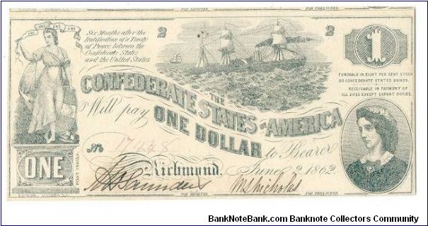 Type 44 Confederate $1 note. Banknote