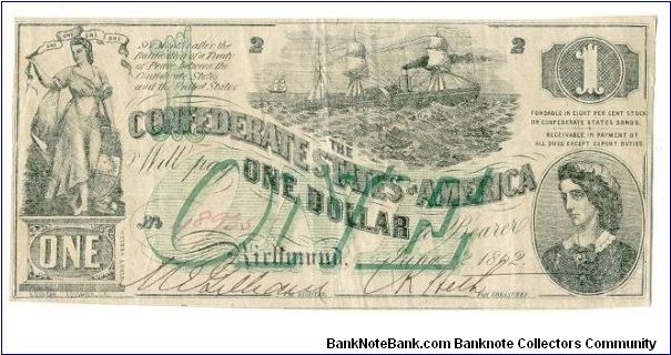 Type 45 Confederate $1 note. Banknote