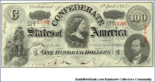 Type 56 Confederate $100 note. Banknote