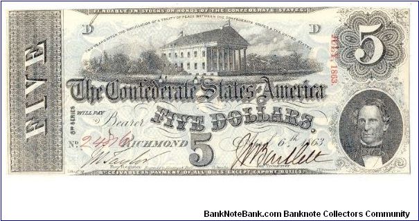 Type 60 Confederate $5 note. Banknote
