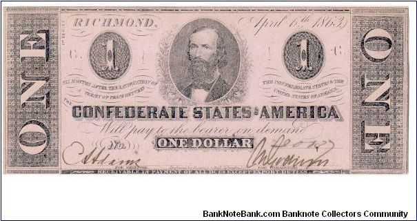 Type 62 Confederate $1 note. Banknote