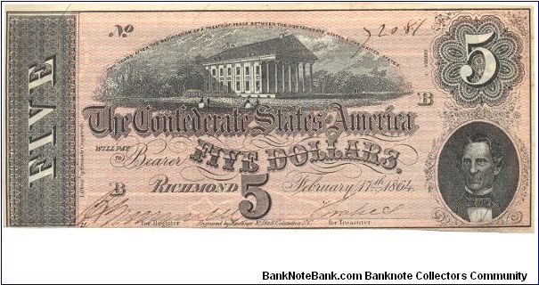 Type 69 Confederate $5 note. Banknote