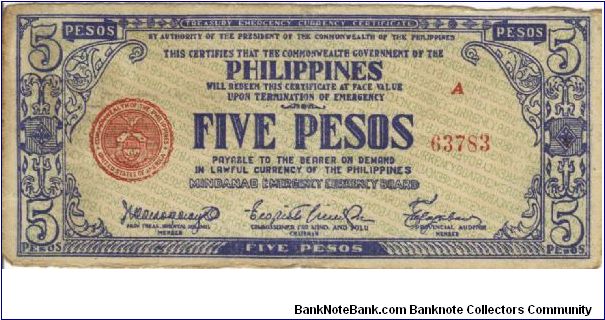 S-472 Mindanao 5 Peso note. Banknote
