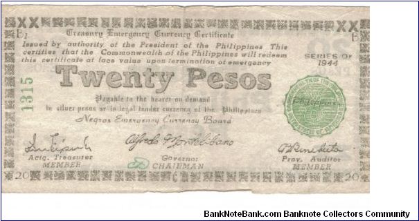 S-678 Negros 20 Peso note. Banknote