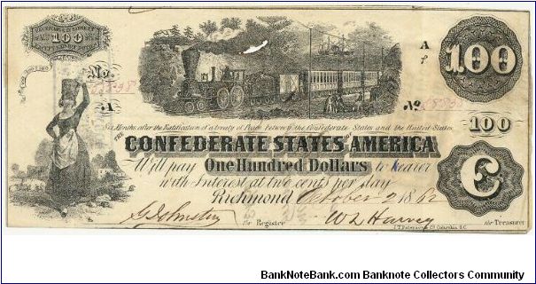 Confederate T-40.
Quartermaster issued.
Manuscript on reverse:
Issued Feby. 7th 1863
W. F. Haines
Maj + qm
CSA Banknote