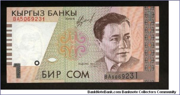 1 Som.

Abdilas Maldibayeff at right on face; string musical instruments, Bishkek's Philharmonic Society and Manas Architectural Ensemble at left center on back.

Pick #15 Banknote