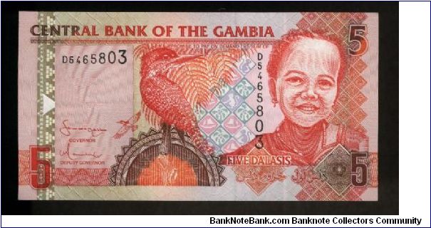 5 Dalasis.

Giant Kingfisher at center, young girl at right on face; herding cattle on back.

Pick #New Banknote
