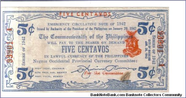 S641 Negros Occidental 5 Centvos note. Banknote