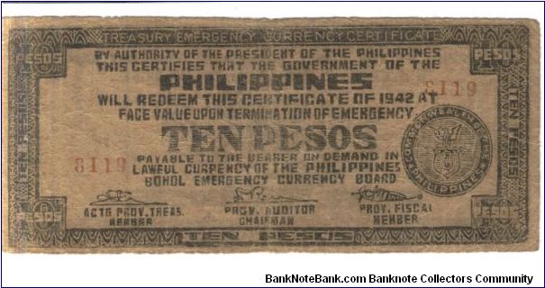 S137a Bohol 10 pesos note. Banknote