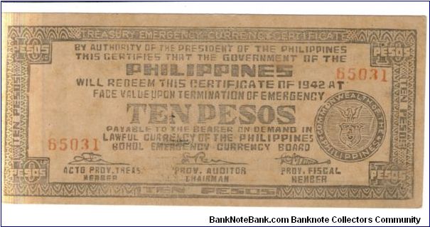 S137c Bohol 10 Pesos note. Banknote