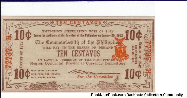 S-1942, Negros Occidental 10 centavos note. Banknote